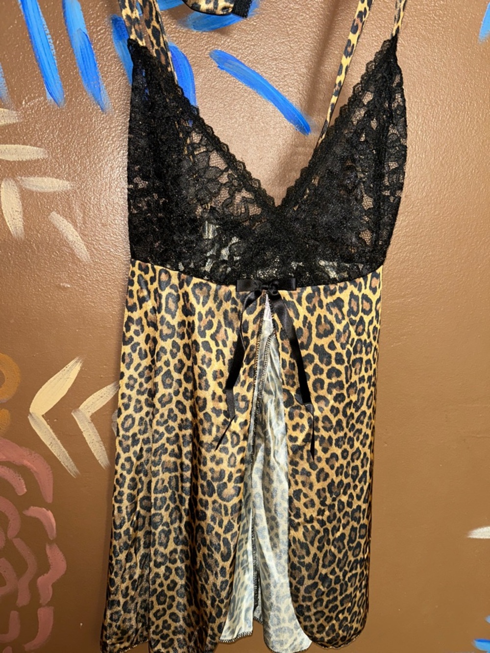 Petra Fashions Leopard Satin Chemise with Black Lace